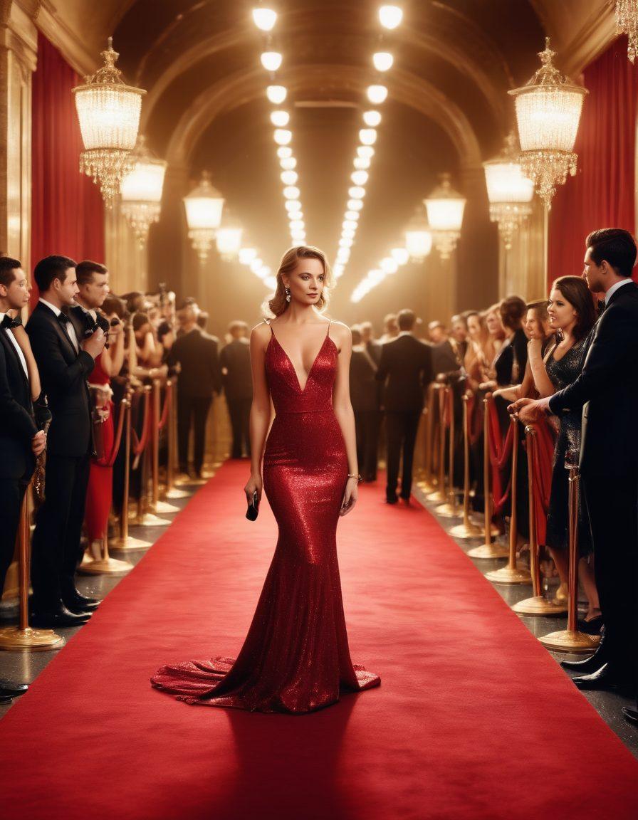 An elegant and glamorous red carpet event with stunning, confident individuals posing under sparkling lights. Paparazzi cameras flash as beautifully dressed figures in sophisticated attire exude charisma. A bold, luxurious backdrop with hints of gold and red, evoking a sense of prestige and fame. cinematic. high-contrast. vibrant colors.