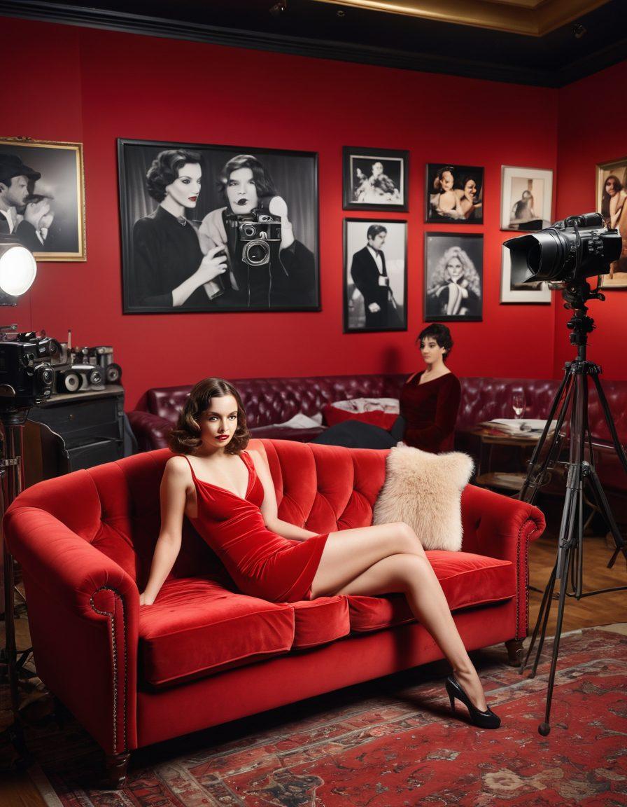 A sultry film set illuminated with soft, moody lights highlighting a plush red velvet couch, cameras, and outfits scattered around. In the foreground, a poised, confident adult film star being interviewed by a charismatic host, both surrounded by a sense of glamour and allure. Cinematic posters and autographs in the background. super-realistic. vibrant colors.
