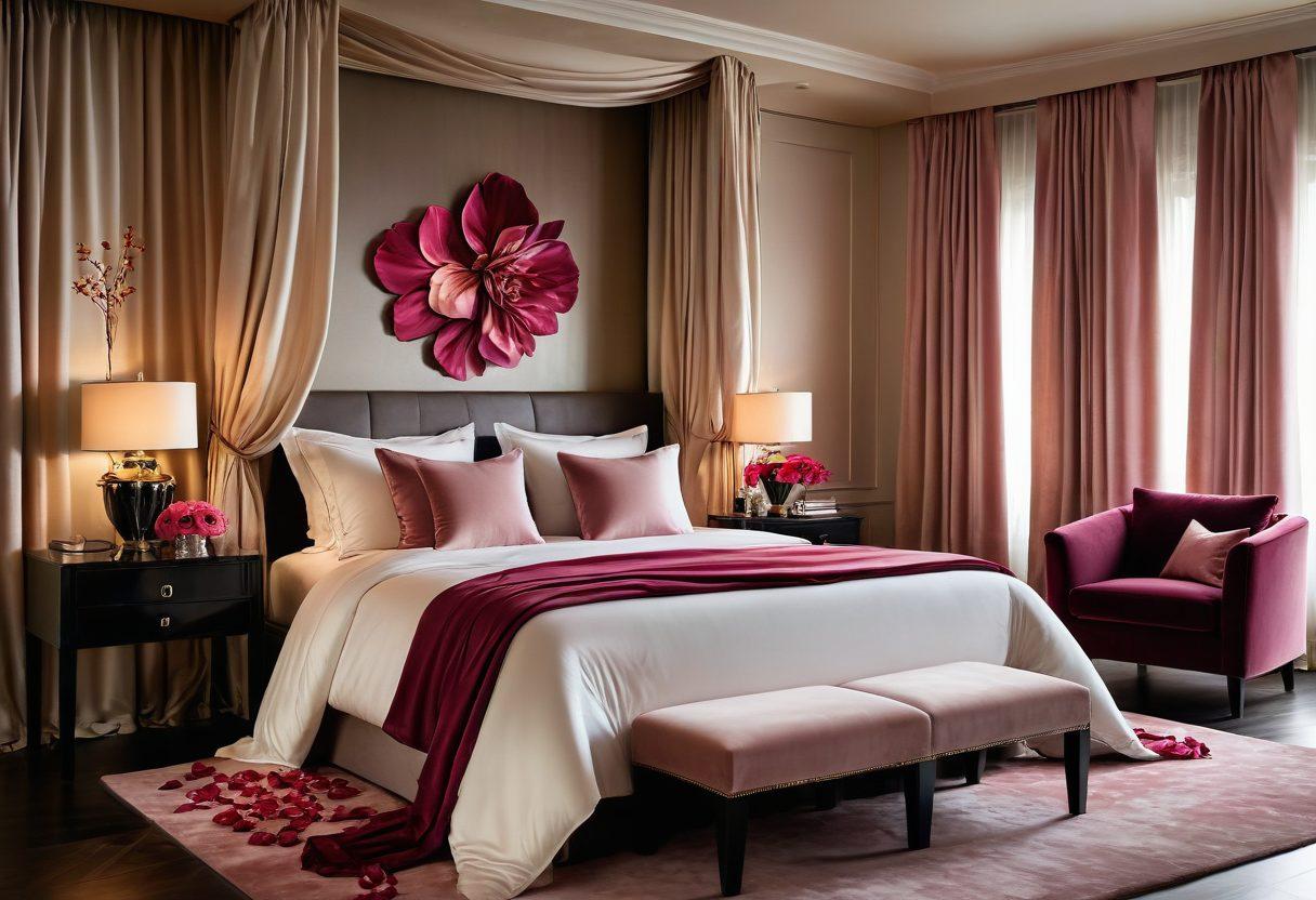 An artistic and elegant bedroom setting with luxurious silk sheets, soft ambient lighting, and a hint of rose petals on the bed. The room contains hints of modern art on the walls, illustrating passion and intimacy. Subtle but sensuous elements like sheer curtains and a plush velvet armchair add to the allure. warm and inviting tones. sensual and sophisticated. painting. vibrant colors.